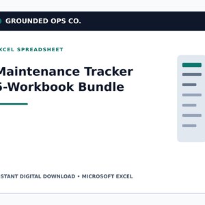 以下が含まれることがあります： Grounded Ops Co.のデジタル製品グラフィック。Maintenance Tracker 5-Workbook Bundle、Excel Spreadsheet、Instant Digital Download Microsoft Excelというテキストが記載されています。デザインにはダークなヘッダーと明るいリストアイコンが含まれています。