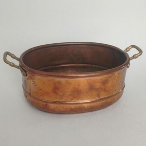 Antique Heavy Copper Oval Planter, Brass Handles, Verdigris Patina (9" W)