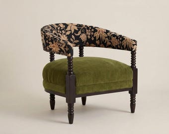Olive Green Accent Chair with Floral Back, Ash Wood Armchair for Living Room