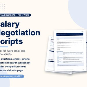Może przedstawiać: Cyfrowy plik do pobrania ze skryptami negocjacji płacowych w formatach PDF i Word. Dokument zawiera skrypty e-mailowe i telefoniczne dla 6 sytuacji, arkusz badań rynku, arkusz porównania ofert oraz stronę z poradami i miejscami na uzupełnienie danych.