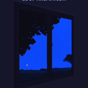 Puede incluir: Una ilustración digital de un marco de ventana sobre un fondo oscuro, que muestra el texto LOOP ANIMATION en azul claro. A través de la ventana se ve un cielo nocturno azul vibrante, con una luna creciente y siluetas de árboles.
