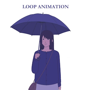 Pode incluir: Uma ilustração animada de uma pessoa com cabelo escuro segurando um guarda-chuva azul-escuro. A pessoa veste uma camisa azul-escura abotoada e uma bolsa de ombro. O texto LOOP ANIMATION é exibido em azul-escuro no topo da imagem.