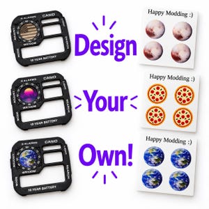 May include: Three black Casio watch face plates with rectangular cutouts and text including 5 ALARMS, CASIO, LIGHT, ADJUST, SEARCH, MODE, and 10 YEAR BATTERY. Each plate features a circular graphic insert: an American flag, a sunset, and Earth.
