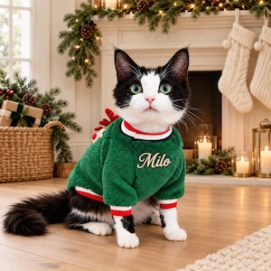 May include: A black and white cat wearing a green fuzzy sweater with red and white striped trim. The sweater features the name Milo embroidered in white script on the chest and a small red reindeer antler detail on the back.
