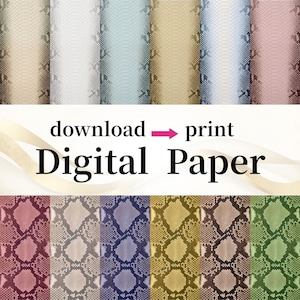 May include: A collection of digital paper sheets featuring various snake skin patterns in colors including beige, white, light blue, gold, blue, pink, dark red, gray, purple, yellow, brown, and green with the text download print Digital Paper.