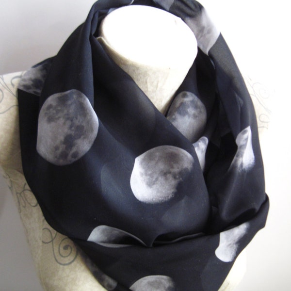 Moon Scarf, Moon Phases Scarf, Moon Phases Printed Chiffon Scarf, Moon Printed Black Infinity Scarf