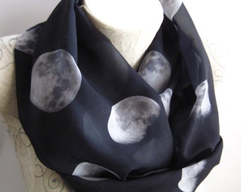 Moon Scarf, Moon Phases Scarf, Moon Phases Printed Chiffon Scarf, Moon Printed Black Infinity Scarf