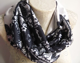 Black and White Satin Scarf ,Floral Scarf Mom Birthday Gift Anniversary Gift