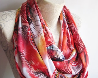 Abstract Scarf,Red Colorful İnfinty Scarf , Red Satin İnfinity Scarf