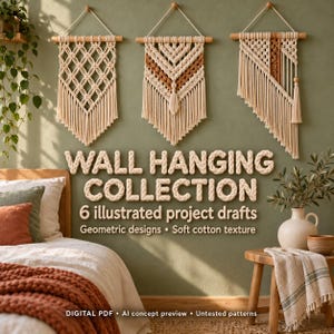 May include: Three cream-coloured macrame wall hangings with wooden dowels, featuring geometric patterns and fringe. Text reads: WALL HANGING COLLECTION, 6 illustrated project drafts, Geometric designs, Soft cotton texture, DIGITAL PDF.