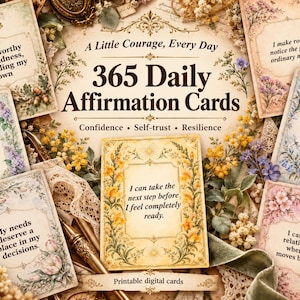 May include: A set of 365 daily affirmation cards featuring floral borders and printed text including A Little Courage, Every Day, 365 Daily Affirmation Cards, Confidence, Self-trust, Resilience, and Printable digital cards.