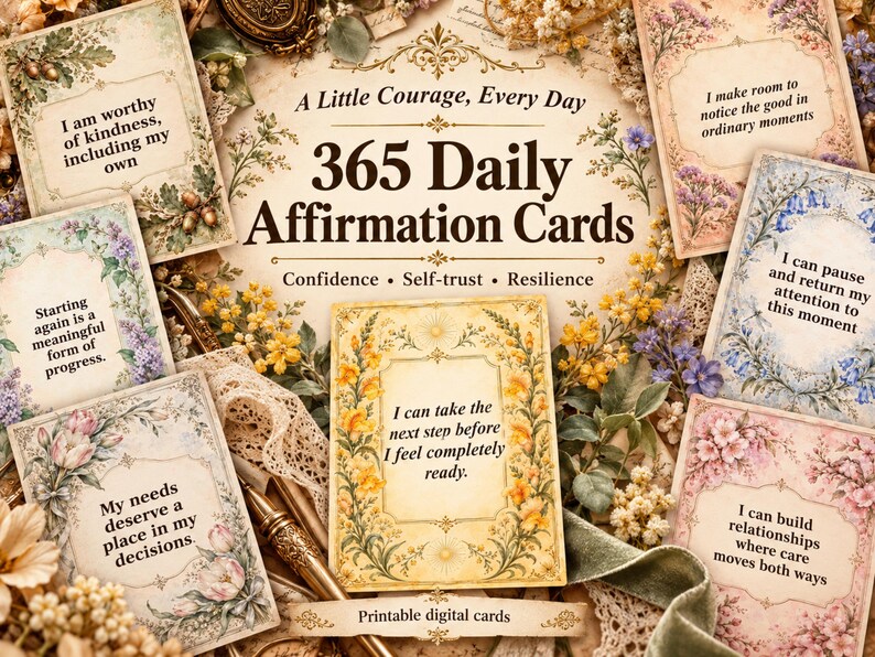 May include: A set of 365 daily affirmation cards featuring floral borders and printed text including A Little Courage, Every Day, 365 Daily Affirmation Cards, Confidence, Self-trust, Resilience, and Printable digital cards.