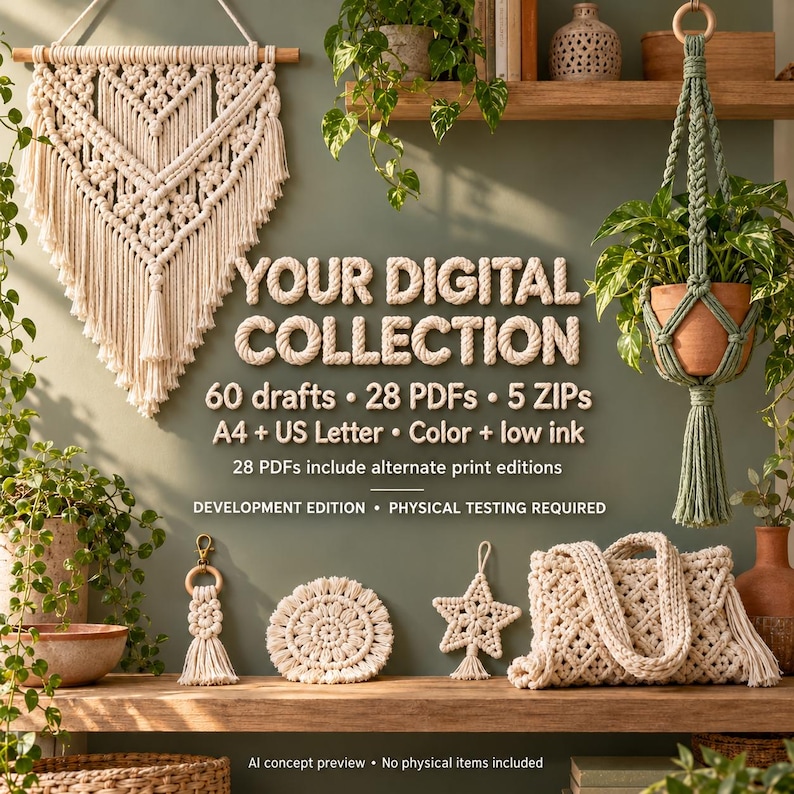 May include: A digital collection display featuring macrame wall art, a green plant hanger, a keychain, a circular coaster, a star ornament, and a tote bag. Text reads: YOUR DIGITAL COLLECTION, 60 drafts, 28 PDFs, 5 ZIPs, A4 + US Letter, Colour + low ink.