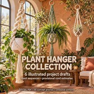 May include: Three macrame plant hangers in cream and sage green, each suspended from a wooden ring. The text reads: PLANT HANGER COLLECTION, 6 illustrated project drafts, Knot sequences + provisional cord estimates, DIGITAL PDF.