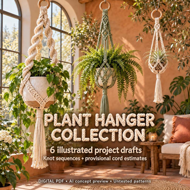 May include: Three macrame plant hangers in cream and sage green, each suspended from a wooden ring. The text reads: PLANT HANGER COLLECTION, 6 illustrated project drafts, Knot sequences + provisional cord estimates, DIGITAL PDF.