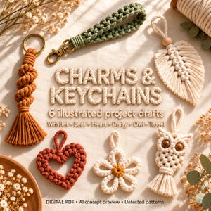 May include: A collection of macrame charms and keychains including a green wristlet, a rust-coloured spiral tassel, a cream leaf, a rust heart, a cream daisy, and a cream owl. Text reads: CHARMS & KEYCHAINS 6 illustrated project drafts.