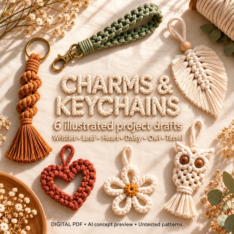 May include: A collection of macrame charms and keychains including a green wristlet, a rust-coloured spiral tassel, a cream leaf, a rust heart, a cream daisy, and a cream owl. Text reads: CHARMS & KEYCHAINS 6 illustrated project drafts.