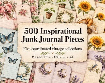 May include: A collection of 500 printable junk journal pieces featuring five vintage themes with illustrations of blue butterflies, sunflowers, lavender, potted plants, and crescent moons on tags and cards with the text 500 Inspirational Junk Journal Pieces.