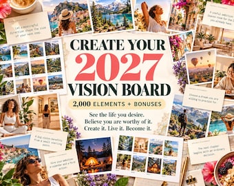 Utskrivbar visionstavla för 2027, nyårsbekräftelser och målarbetsbok