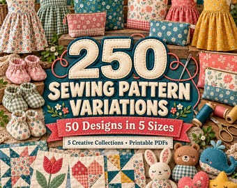 PDF-paket med 250 sömnadsmönster | Klänning, stövel, väska, quiltblock och plyschvarianter