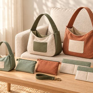 May include: A collection of canvas bags and pouches in olive green, terracotta orange, and cream. The set includes two large hobo-style shoulder bags, one small handbag, two rectangular zippered pouches, and two flat card holders with a wrist strap.