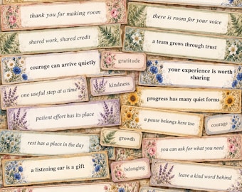 May include: A collection of rectangular paper labels featuring floral borders with sunflowers, lavender, and roses. Each label contains printed text including phrases like your care leaves a quiet mark, gratitude, kindness, and growth.