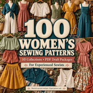 May include: A collection of 100 sewing patterns for garments including dresses, skirts, shorts, vests, and blouses. The text 100 WOMEN'S SEWING PATTERNS 10 Collections PDF Draft Packages For Experienced Sewists is displayed over images of various clothing items.