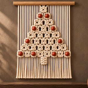 May include: A macrame wall hanging featuring a cream-colored cord knotted into a triangular tree shape. The design includes several round, reddish-brown wooden beads integrated into the knots, suspended from a horizontal wooden dowel.