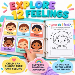 以下が含まれることがあります： EXPLORE 12 FEELINGSというタイトルのバインダーには、幸せ、悲しい、怒り、興奮、落ち着き、心配といった感情を表現する子供たちのイラストが描かれたカラフルなカードが入っています。右側のページにはHow do I feel?というアクティビティシートがあります。