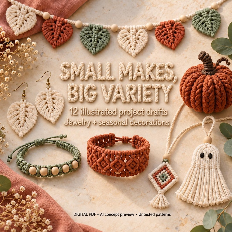 May include: A collection of macrame items including leaf-shaped earrings, a garland, a pumpkin, bracelets, and a ghost ornament. Text reads: SMALL MAKES, BIG VARIETY, 12 illustrated project drafts, Jewelry + seasonal decorations, DIGITAL PDF.