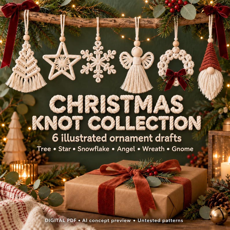 May include: A collection of six macrame Christmas ornaments including a tree, star, snowflake, angel, wreath, and gnome. The text reads CHRISTMAS KNOT COLLECTION 6 illustrated ornament drafts Tree Star Snowflake Angel Wreath Gnome DIGITAL PDF.
