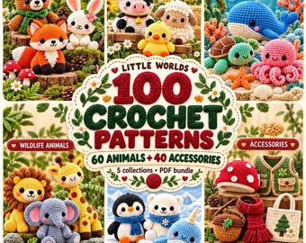 Amigurumi-virkmönsterpaket: 60 djur och 40 tillbehör, PDF-designutkast