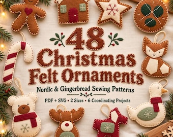 Christmas Felt Ornament Pattern Bundle 48 Nordic and Gingerbread Designs, PDF SVG