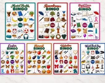 Utskrivbara bingokortspaket: Påsk, Alla hjärtans dag, Skörd, Minnesdag, Bröstcancermedvetenhet, Mental hälsa, Världsbokdagen-spel