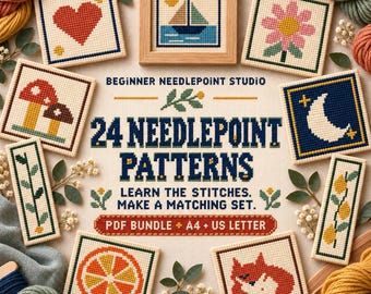 Beginner Needlepoint Pattern Bundle: 24 Designs with Stitch Guides, Bookmarks & Coasters (PDF)
