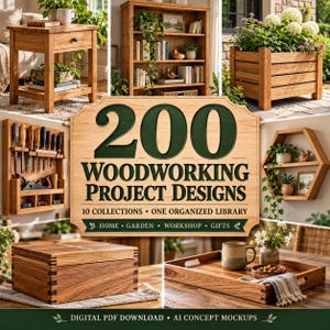 May include: A digital collection titled 200 Woodworking Project Designs featuring 10 collections and one organized library. The image displays various wooden items including a side table, bookshelf, planter, tool rack, shelf, box, and tray.