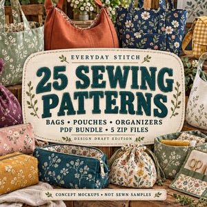 May include: A digital graphic titled Everyday Stitch 25 Sewing Patterns for bags, pouches, and organizers, surrounded by various fabric bags, pouches, and a sewing tool roll featuring floral and gingham prints in muted earth tones.
