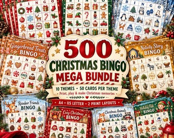 500 Christmas Bingo Cards Bundle, 10 Themes, Kids Party Game (Printable)