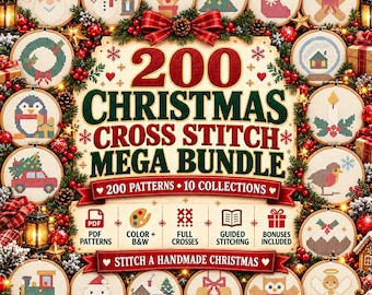 Julkorsstygnsmönsterpaket, 200 PDF-mönster, ornament, julstrumpor, julkrubba och broderiprover