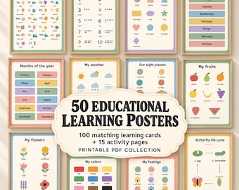 50 pastellfärgade pedagogiska posters för förskola, väggkonst med alfabetet, siffror och former