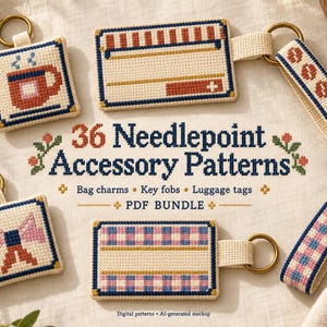 Puede incluir: Una colección de llaveros y dijes para bolsos de punto de aguja con varios diseños bordados, incluyendo una taza de café, un lazo y patrones de cuadros. El texto central dice 36 Needlepoint Accessory Patterns, Bag charms, Key fobs, Luggage tags, PDF BUNDLE.