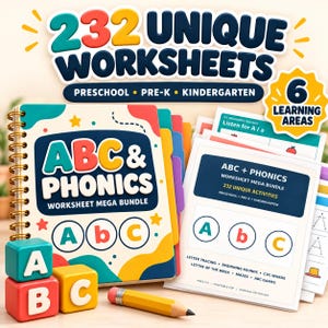 May include: A spiral-bound workbook titled ABC & PHONICS WORKSHEET MEGA BUNDLE with colorful letter graphics. Beside it are loose-leaf worksheets, three lettered blocks labeled A, B, and C, and a yellow pencil. The text 232 UNIQUE WORKSHEETS is displayed above.