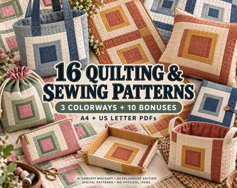 May include: A collection of quilted fabric items including a tote bag, drawstring pouch, zippered case, tray, and pillow, all featuring square log cabin patterns in muted tones. Text reads: 16 QUILTING & SEWING PATTERNS, 3 COLORWAYS + 10 BONUSES, A4 + US LETTER PDFS.