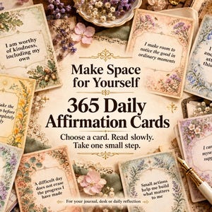 May include: A set of 365 daily affirmation cards featuring floral borders and inspirational text. The central card reads Make Space for Yourself 365 Daily Affirmation Cards. Individual cards display phrases like I am worthy of kindness, including my own.