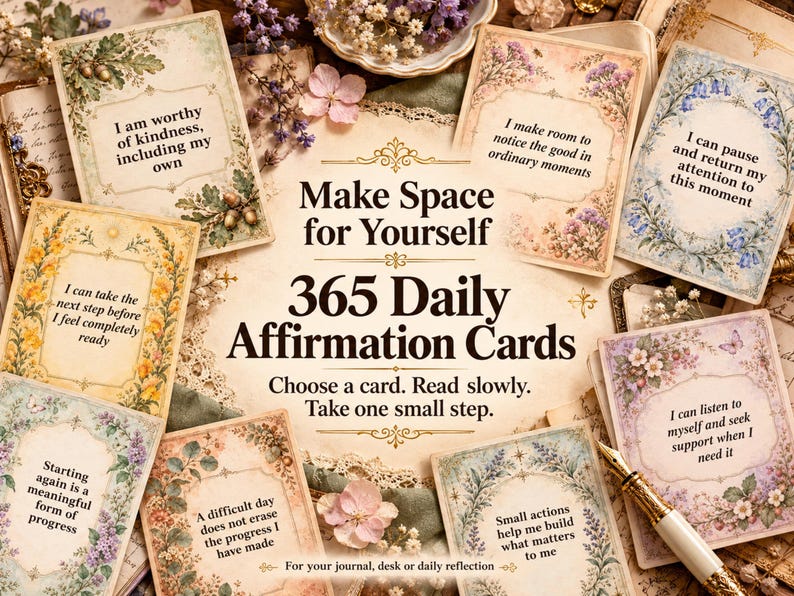 May include: A set of 365 daily affirmation cards featuring floral borders and inspirational text. The central card reads Make Space for Yourself 365 Daily Affirmation Cards. Individual cards display phrases like I am worthy of kindness, including my own.