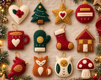 Christmas Felt Ornament Patterns PDF, 12 Woodland Designs, Craft Night Guide & Gift Tags
