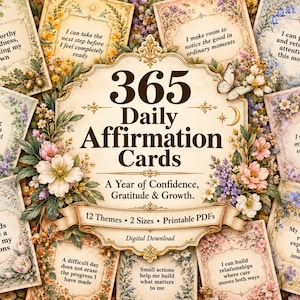 May include: A collection of 365 daily affirmation cards featuring floral borders and inspirational text. The central card displays the title 365 Daily Affirmation Cards, A Year of Confidence, Gratitude & Growth, 12 Themes, 2 Sizes, Printable PDFs.
