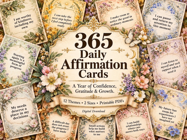 May include: A collection of 365 daily affirmation cards featuring floral borders and inspirational text. The central card displays the title 365 Daily Affirmation Cards, A Year of Confidence, Gratitude & Growth, 12 Themes, 2 Sizes, Printable PDFs.