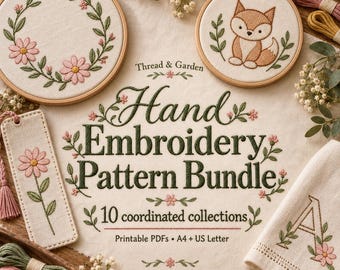 Handbroderimönsterpaket i PDF-format: 10 kollektioner, blommor, monogram, skogsmark och dagboksikoner