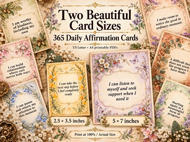 May include: A collection of 365 daily affirmation cards featuring floral borders and text. The cards are available in 2.5 x 3.5 inches and 5 x 7 inches sizes. The text includes phrases like I am worthy of kindness and I can listen to myself.